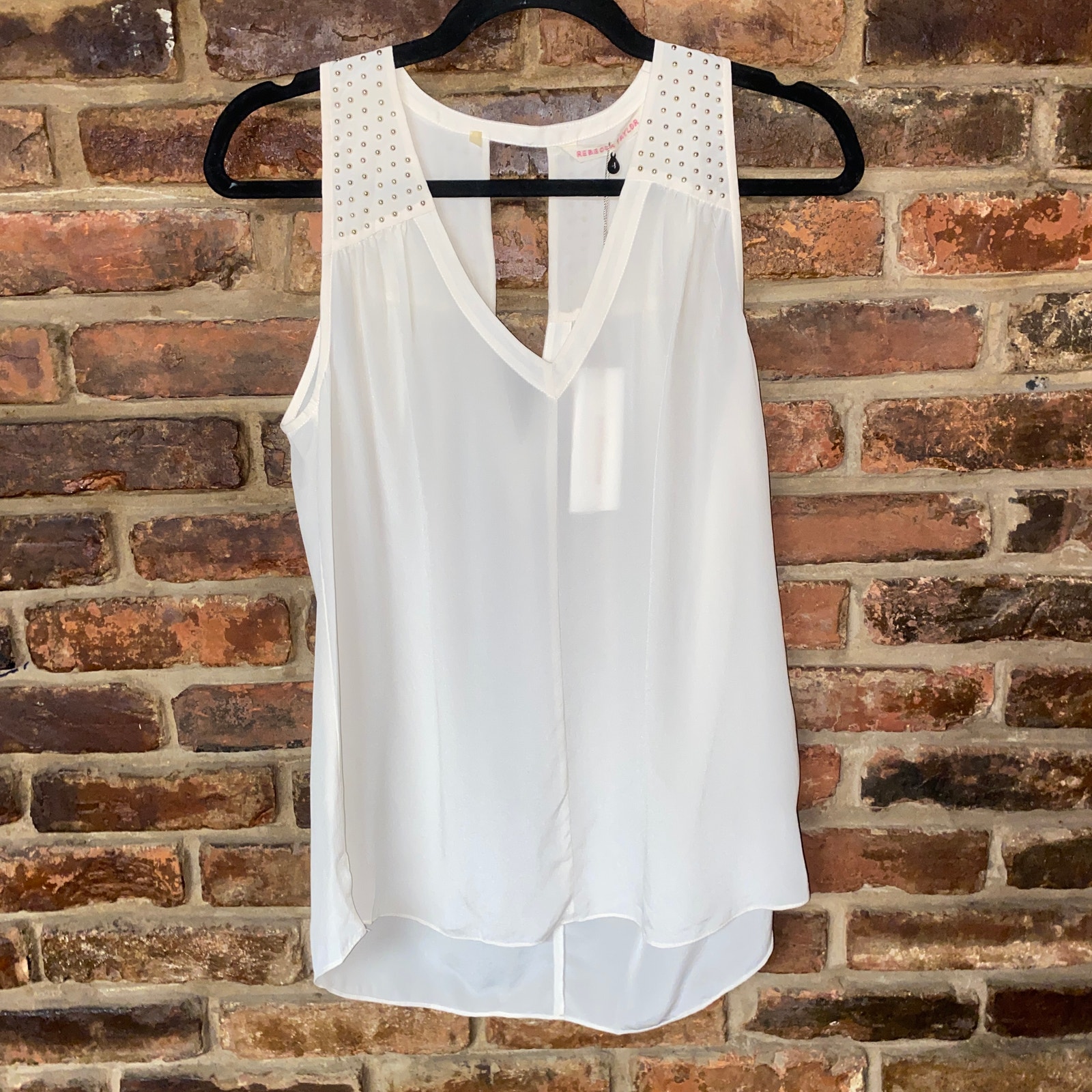 Nwt New Rebecca Taylor Ecru Nailhead Embellished Double V Top Women's Size 4